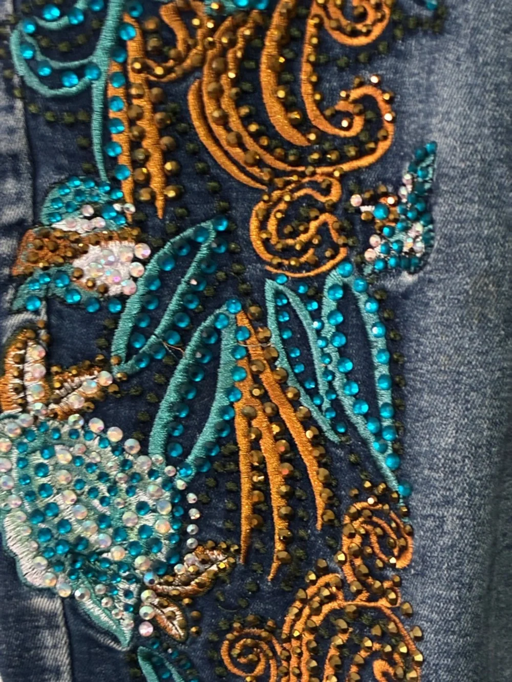 Juliette Embellished Dark Blue Jeans with Teal & Bronze Floral Detail - Picture 8 of 11